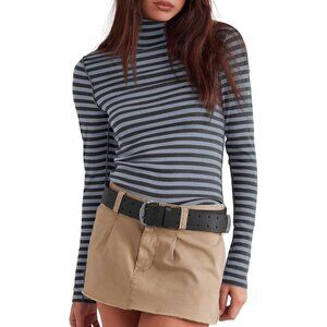 Women's Undershirts Striped Blue Coffee Long Shirt Sleeve Ribbed Slim Top Tees